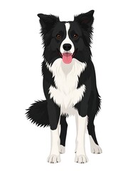 Portrait of a black and white dog with tongue out, sitting, looking forward