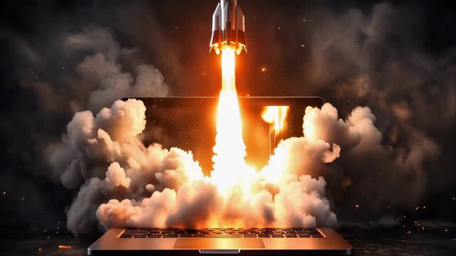 A rocket launching from a laptop screen or hand in a creative digital scene. The concept of startup launch, innovation, technology growth, business success, and digital transformation.