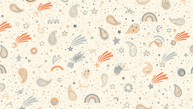 Artistic seamless pattern features a variety of hand drawn space elements like stars comets and abstract paisley shapes in warm tones.