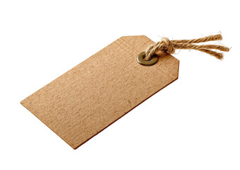 Brown kraft paper tag with twine, tilted on a black background