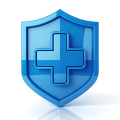 Obraz premium Shiny Blue Shield with Medical Cross Symbol Isolated on White Background, Representing Health Protection, Medical Security, and Healthcare Safety