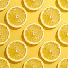 Fototapeta premium Bright yellow background featuring numerous sliced lemons arranged evenly in a vibrant pattern