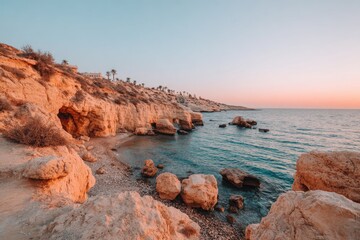 Coastal sunset view with beige cliffs and a tranquil beach