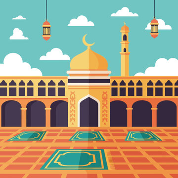 Flat vector illustration of a mosque with a golden dome, minaret, arches, and prayer mats under a blue sky with clouds.