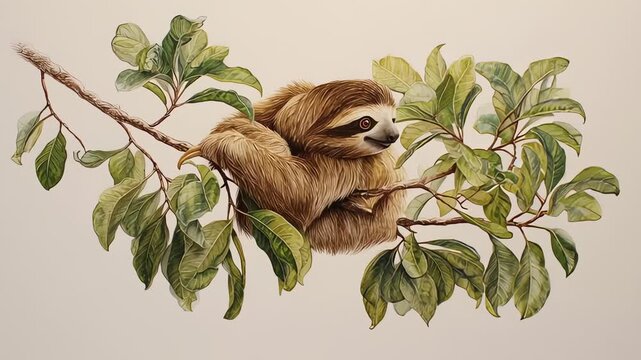 Watercolor Sloth on Tree Branch Botanical Illustration