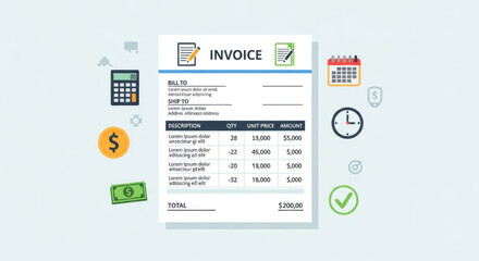 A vector graphic illustration of an invoice with various financial icons and symbols surrounding it