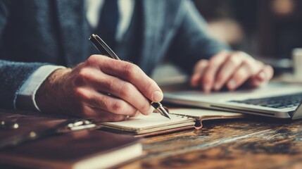 Businessman writing notes at desk with laptop close up detail