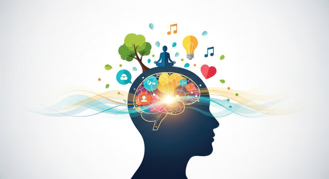 A creative vector illustration of a human head with a colorful brain and various symbols floating above it, representing imagination and thought.