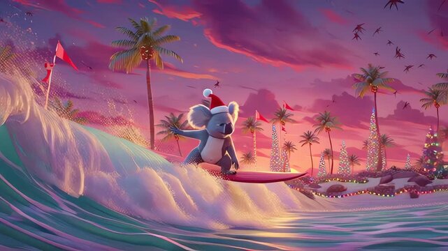 Koala Surfing Tropical Beach Christmas Sunset Cartoon Animation