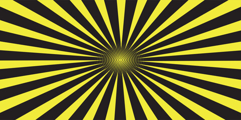 Sun ray light. Sun rays background. Radial burst. Sunburst green pattern isolated on yellow background. Beams line. Radiate sunlight. Comic effect texture. Retro pop art stripe. Vector illustration