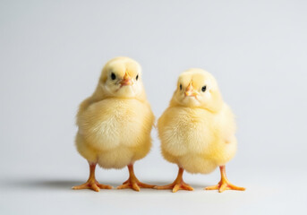 Fototapeta premium Easter. Two yellow chicks standing close to each other on light background 