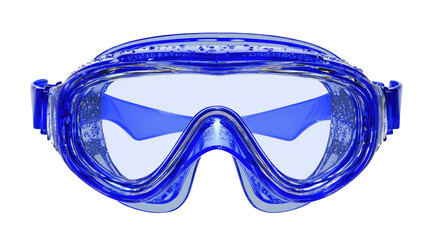 Blue translucent swim goggles featuring clear lenses and tiny water droplets on surface