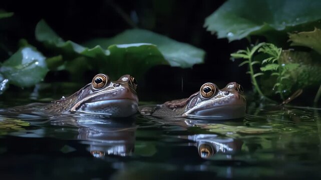 Pair of Frogs Emerging from Pond Water at Night Wildlife Nature