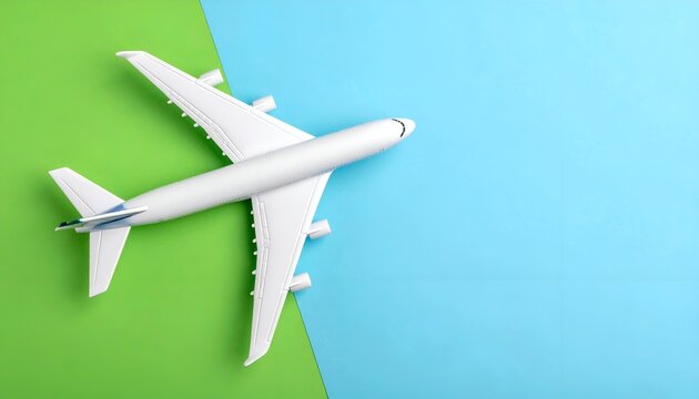Aerial view of a white airplane model on a vibrant green and blue background