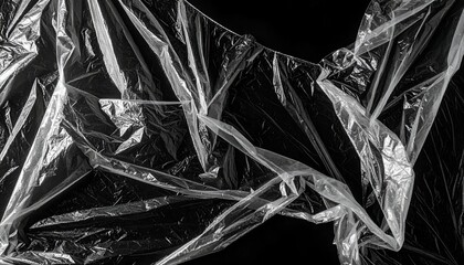 A close-up view of crumpled, transparent plastic film against a dark background, showcasing textures