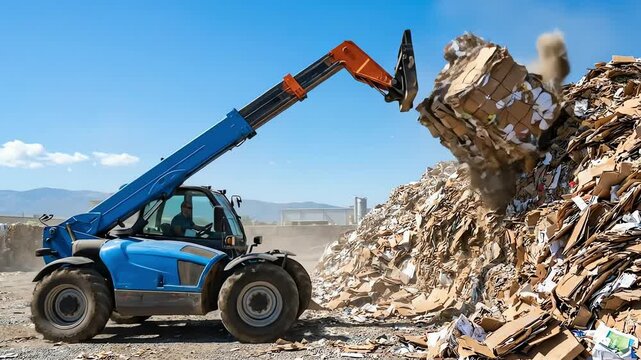 Telescopic handler dropping compressed cardboard bales onto a large waste pile at an outdoor recycling facility