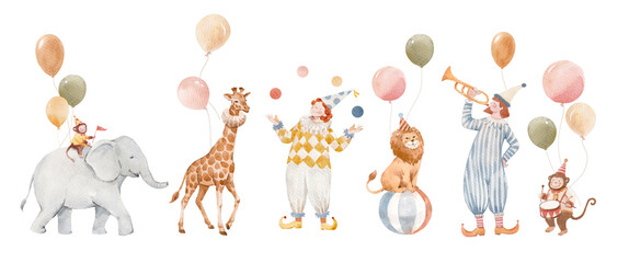 Cute circus animals set, watercolor illustrations for nursery. Baby giraffe, lion, elephant, seal and monkey with balloons and garlands. Hand drawn circus clipart collection isolated on white. © zenina
