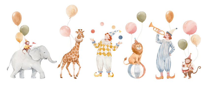 Cute circus animals set, watercolor illustrations for nursery. Baby giraffe, lion, elephant, seal and monkey with balloons and garlands. Hand drawn circus clipart collection isolated on white.
