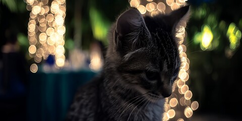 A curious gray tabby cat sits amidst warm string lights in a serene outdoor setting with a blurred background of a table and greenery