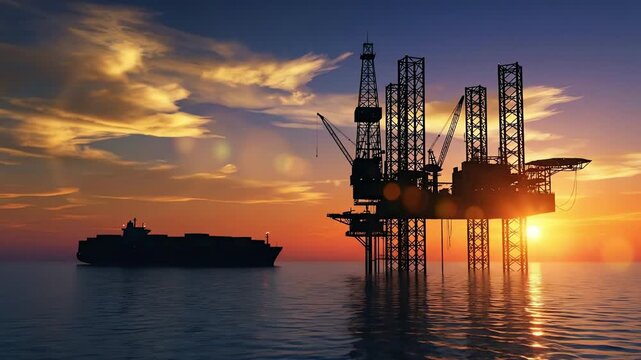 Offshore industrial operations: an oil drilling platform and cargo vessel silhouetted against a vibrant ocean sunset.