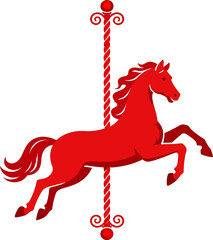 Dynamic Red Silhouette Carousel Horse on Spiraled Pole, Clean Vector Icon for Amusement Park and Carnival Designs © Sugianto