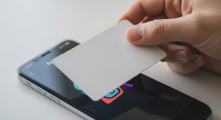 Obraz premium Hand holding a card over a smartphone on a white surface