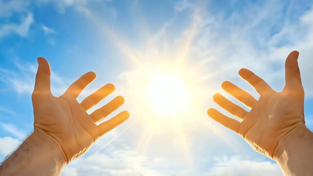 Person's hands breaking free from constraint, reaching for the sun in a bright, hopeful sky, symbolizing liberation.