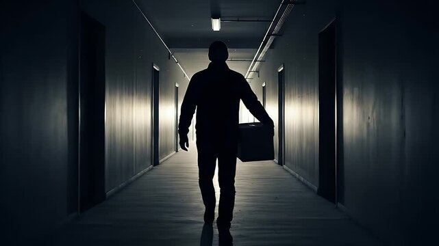 Silhouette of a Person Walking Down a Dark Hallway Carrying a Box signifying job termination or layoff