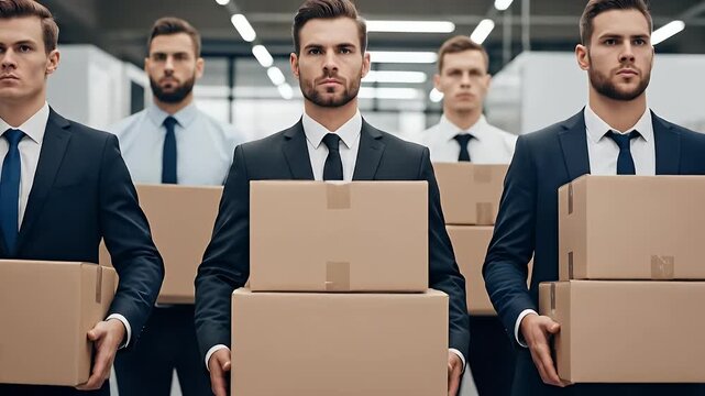 Five businessmen carrying cardboard boxes in a brightly lit indoor space with a warehouse or office setting signifying job termination or layoff