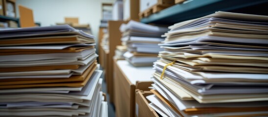 Fototapeta premium Cluttered office space filled with stacks of paperwork and files.