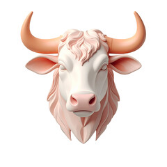 Minimalist White Bull Head Sculpture with Coral Horns on Transparent