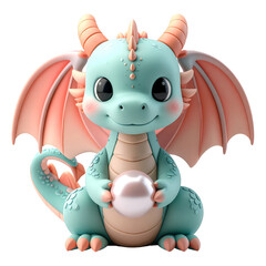 Cute Teal Dragon Holding Pearl on Transparent Background