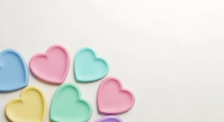 Fototapeta premium Colorful heart-shaped objects scattered on a plain surface from a top-down viewpoint