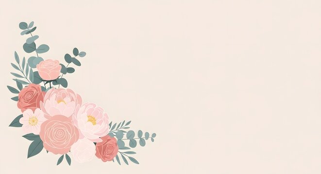 Floral arrangement with pink roses and green leaves in a corner frame on a soft beige background from a straight-on viewpoint