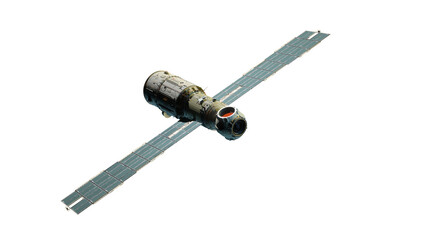 Scientific space station with solar panels in orbit.