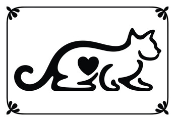 Naklejka premium Stylized black cat silhouette with a heart inside, framed by decorative corners