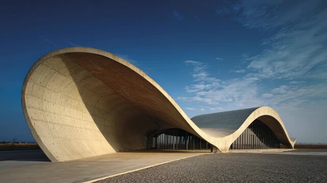 Futuristic Architectural Design of a Flowing Curved Building Against a Bright Blue Sky with Scattered Clouds