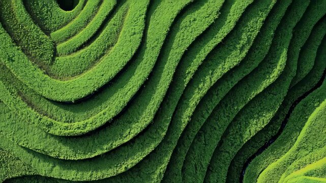 Aerial View of Intricately Patterned Green Terraced Fields with Vibrant Foliage and Rippling Curves in a Lush Agricultural Landscape