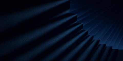 A dimly lit staircase with blue light shining on the steps from the side