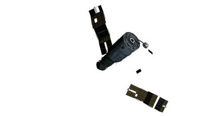 Scientific space station with solar panels in orbit.