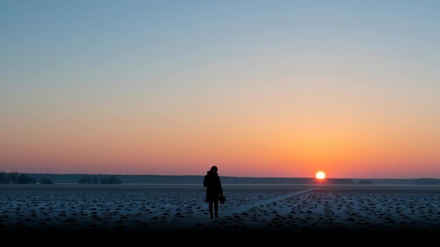 Silhouette of a person walking on a path during a colorful sunrise over a tranquil landscape, symbolizing renewal and celebration of Imbolc festival
