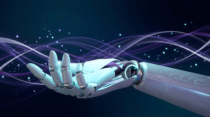 Advanced robotic hand extending forward in a dark digital environment with flowing purple light waves and glowing particles representing future techno