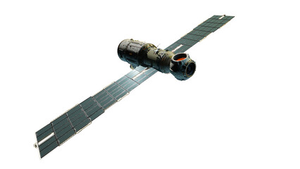 Scientific space station with solar panels in orbit.
