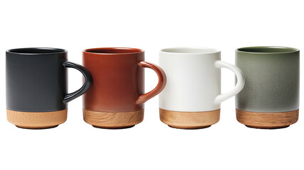 Four matte mugs in varying colors with wood bottoms against a black background