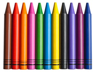 A vibrant array of straight colorful wax sticks stands side-by-side against a plain white background