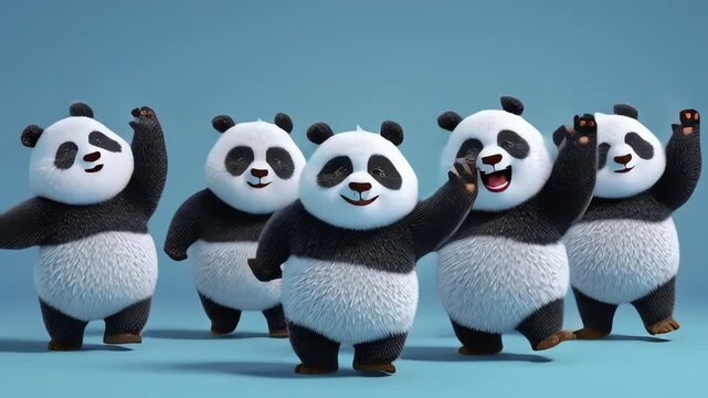 Cute fluffy animated pandas dancing on blue background