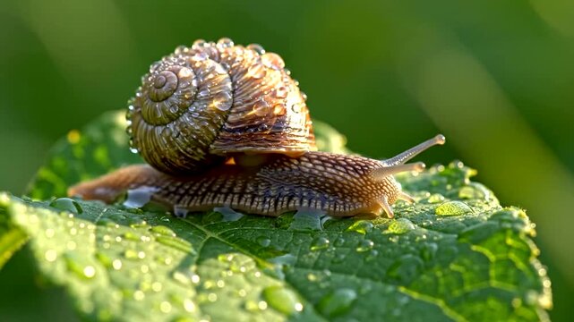 Snail on a leaf with dew drops in a green environment.