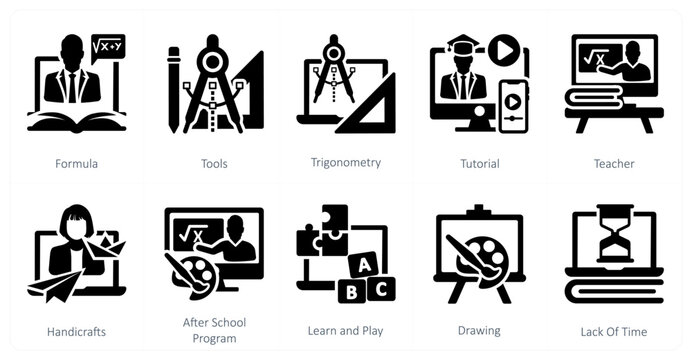 A set of 10 mix icons as formula, tools, trignometry