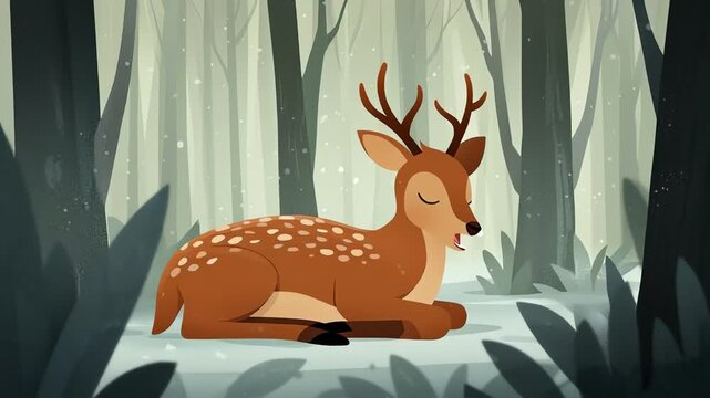 Cute Cartoon Deer Resting in Snowy Forest Animation