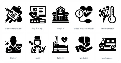 A set of 10 mix icons as blood transfusion, ecg tracing, hospital